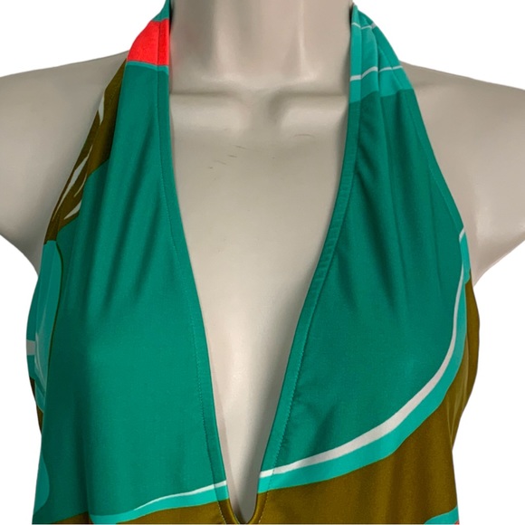 TIBI Deep V low cut halter 1 pc swimsuit in retro print sz LG NEW - Picture 4 of 12
